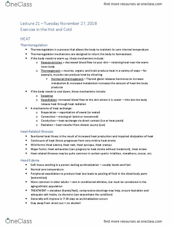 KNES 372 Lecture Notes - Lecture 21: Heat Syncope, Heat Illness, Heat Stroke thumbnail