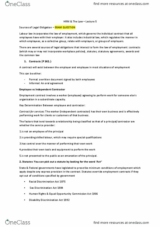 BUSN2038 Lecture Notes - Lecture 5: Disability Discrimination Act 1992, Sex Discrimination Act 1984, Racial Discrimination Act 1975 thumbnail