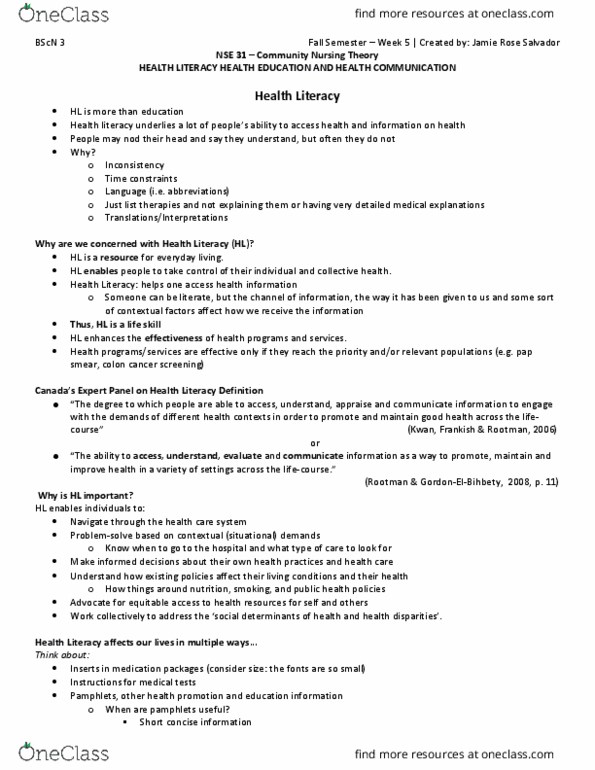 NSE-31A Lecture Notes - Lecture 5: Pap Test, Jamie Rose, Health Literacy thumbnail