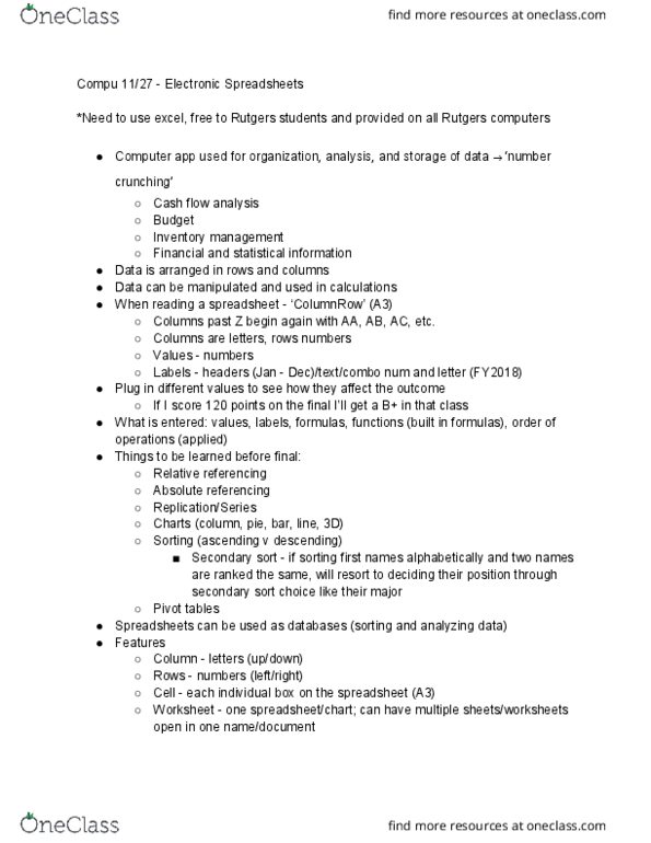 01:198:110 Lecture Notes - Lecture 25: Cash Flow, Multiplication Sign, Order Of Operations cover image