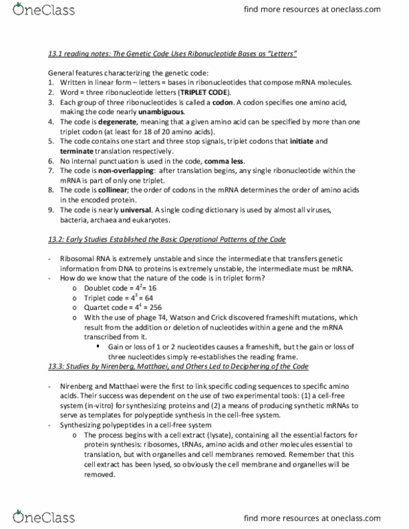 BISC 202 Chapter Notes - Chapter 13: Ribonucleotide, Start Codon, Ribosomal Rna thumbnail