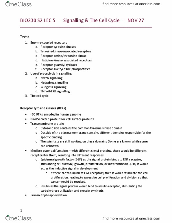 BIO230H1 Lecture Notes - Lecture 12: Epidermal Growth Factor Receptor, Insulin Receptor, Cell Membrane cover image