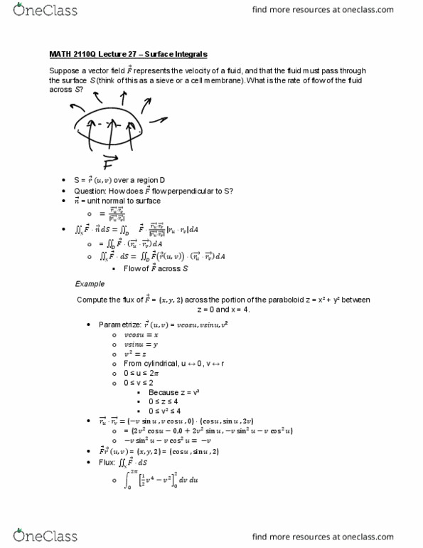 MATH 2110Q Lecture Notes - Lecture 27: Surface Integral, Cross Product, Multiple Integral thumbnail