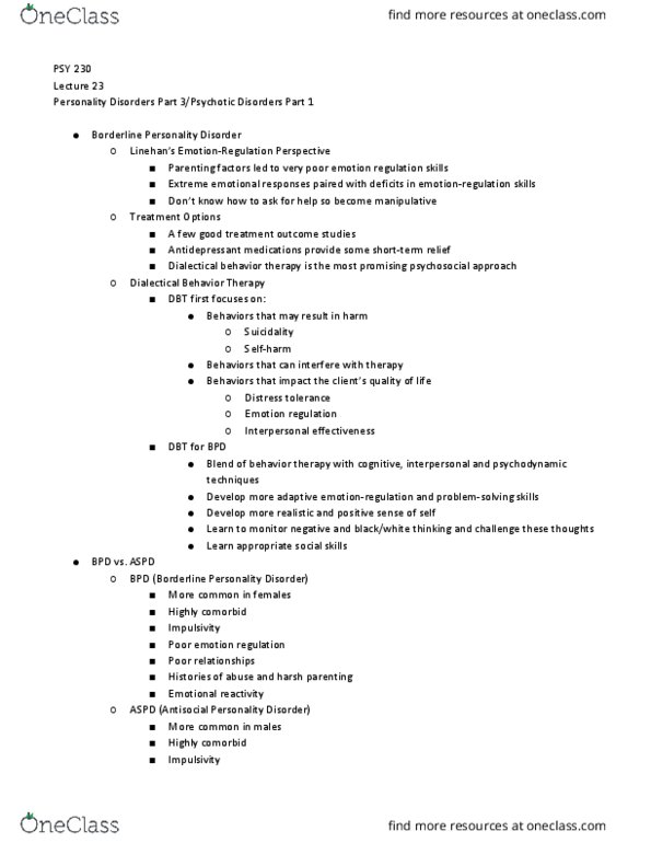 PSY 230 Lecture Notes - Lecture 23: Dialectical Behavior Therapy, Antisocial Personality Disorder, Comorbidity thumbnail