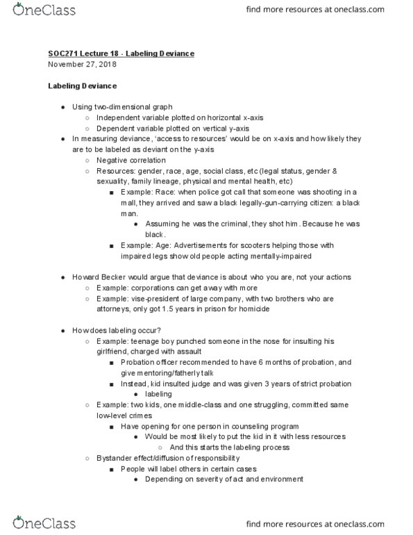 SOC 271 Lecture Notes - Lecture 18: Probation Officer, Dependent And Independent Variables, Homicide cover image