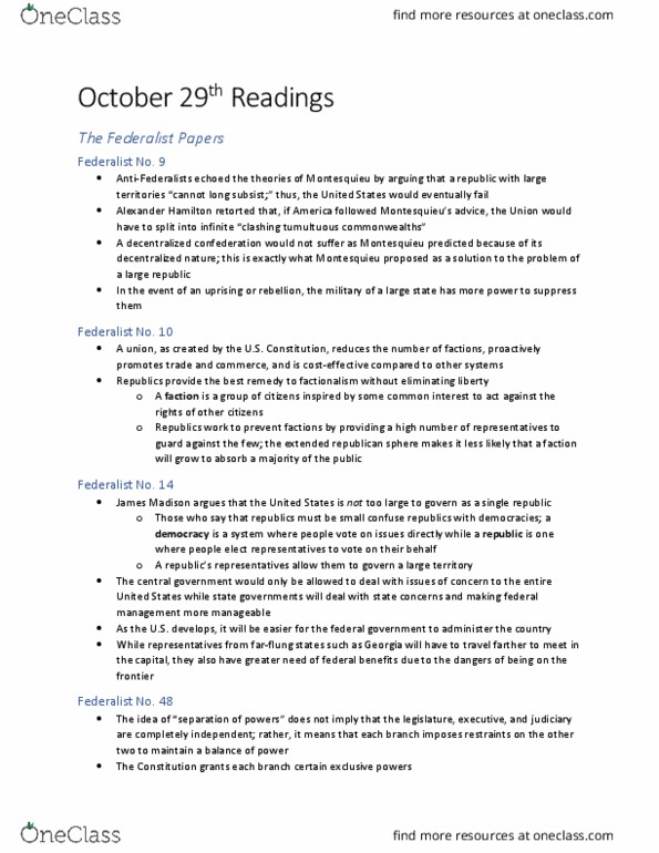 GVPT 241 Chapter Notes - Chapter The Federalist & On Ancient and Modern Liberty: Federalist No. 9, Federalist No. 10, The Federalist Papers thumbnail