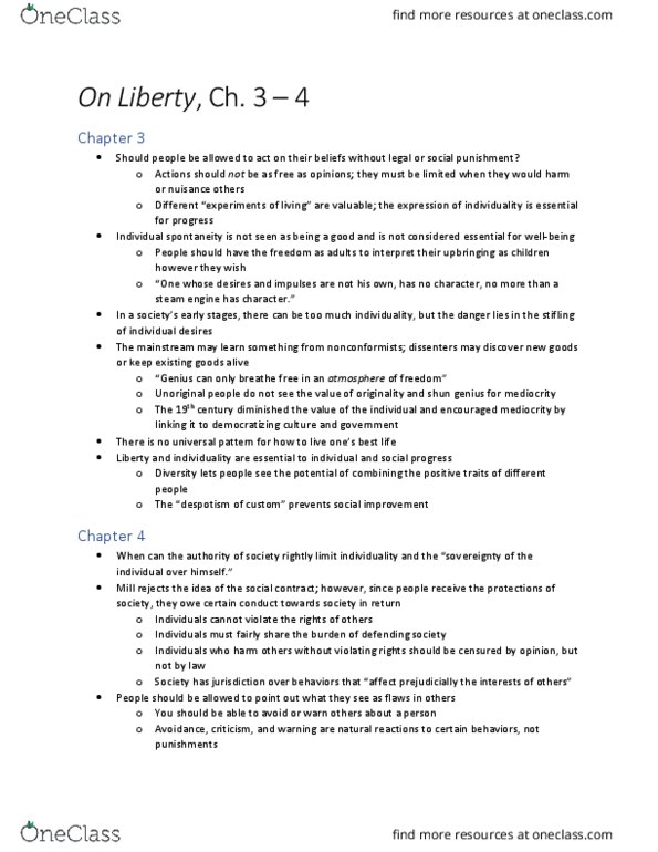 GVPT 241 Chapter Notes - Chapter Ch 3 - 4: On Liberty: Reprobation thumbnail