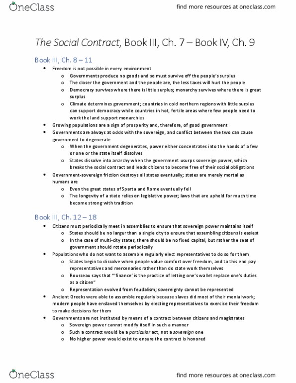 GVPT 241 Chapter Notes - Chapter The Social Contract: Book 3, Ch 7 - Book 4, Ch 9: Fixed Capital, Civil Religion, Curiate Assembly thumbnail