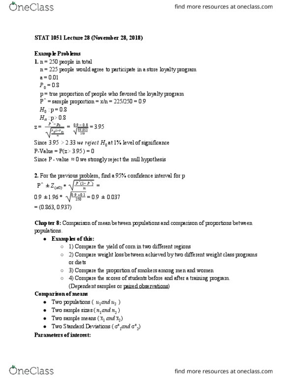 STAT 1051 Lecture Notes - Lecture 28: Loyalty Program, Null Hypothesis, Confidence Interval thumbnail