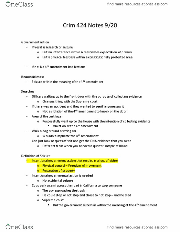 CRIM 424 Lecture Notes - Lecture 4: Curtilage, No Liability, Supremacy Clause thumbnail
