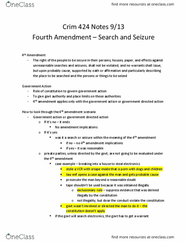 CRIM 424 Lecture Notes - Lecture 9: Exclusionary Rule, Curtilage, Telephone Tapping thumbnail