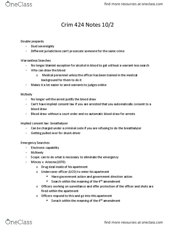 CRIM 424 Lecture Notes - Lecture 6: Breathalyzer, Implied Consent, Double Jeopardy thumbnail