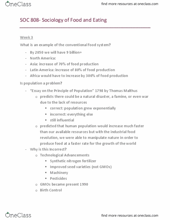 SOC 808 Lecture Notes - Lecture 3: Thomas Robert Malthus, Natural Disaster, Norman Borlaug thumbnail