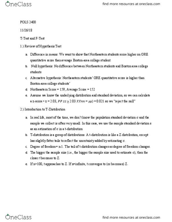 POLS 2400 Lecture Notes - Lecture 18: Null Hypothesis, Alternative Hypothesis, Linear Regression thumbnail
