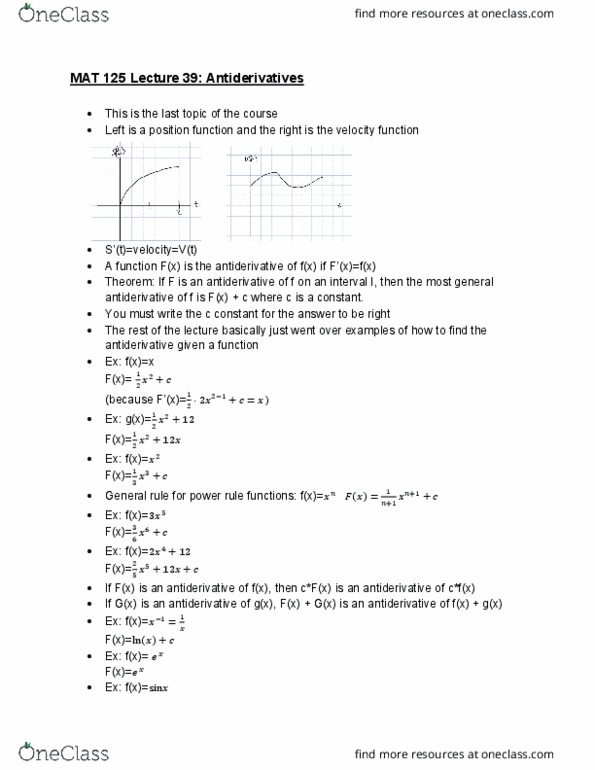 MAT 125 Lecture Notes - Lecture 41: Antiderivative, Power Rule cover image