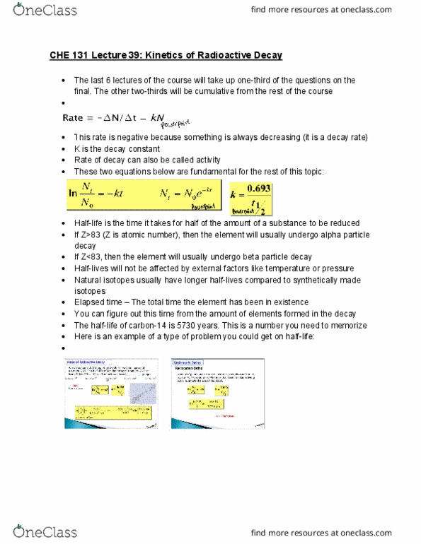CHE 131 Lecture Notes - Lecture 41: Particle Decay, Exponential Decay, Alpha Particle cover image