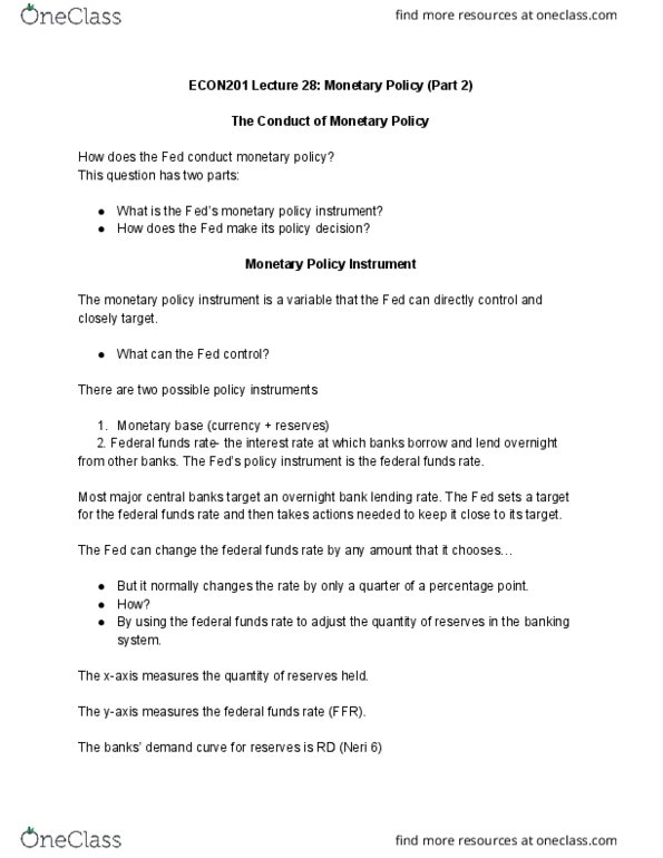 ECON 201 Lecture Notes - Lecture 28: Federal Funds Rate, Monetary Base, Demand Curve thumbnail