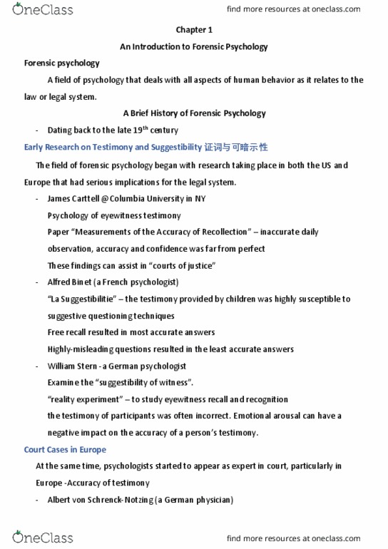 PSYC39H3 Chapter Notes - Chapter 1: Forensic Psychology, Free Recall, Suggestibility thumbnail