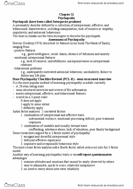 PSYC39H3 Chapter Notes - Chapter 11: Psychopathy Checklist, Hervey M. Cleckley, Inter-Rater Reliability thumbnail