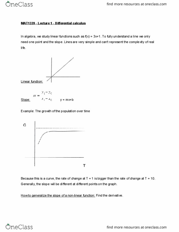 MAT 1339 Lecture Notes - Lecture 1: Differential Calculus, Linear Function thumbnail