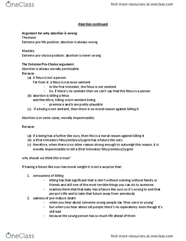 PHIL 2070 Lecture Notes - Lecture 12: Fetus, Euthanasia thumbnail