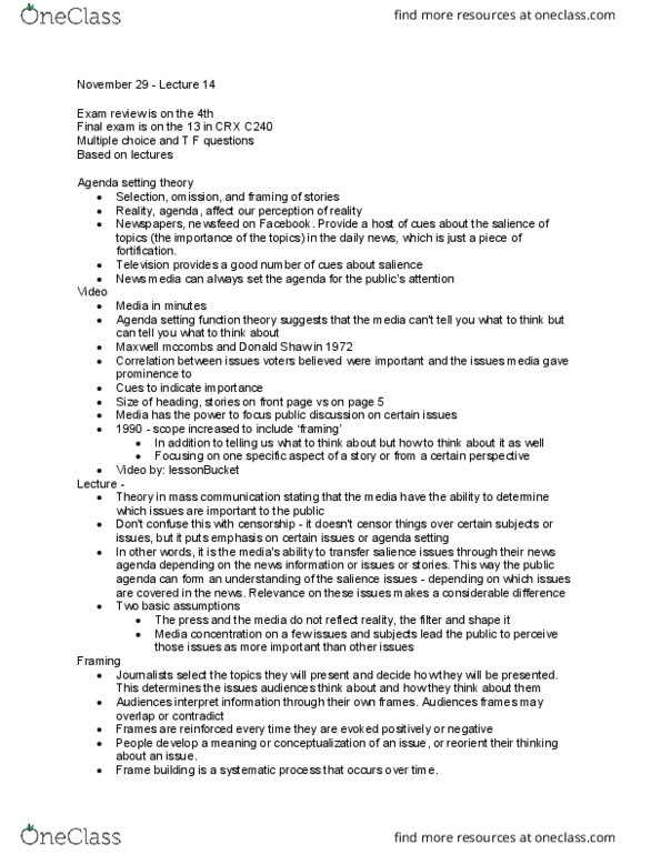 CMN 1160 Lecture Notes - Lecture 25: Agenda-Setting Theory, Multiple Choice, Sept cover image