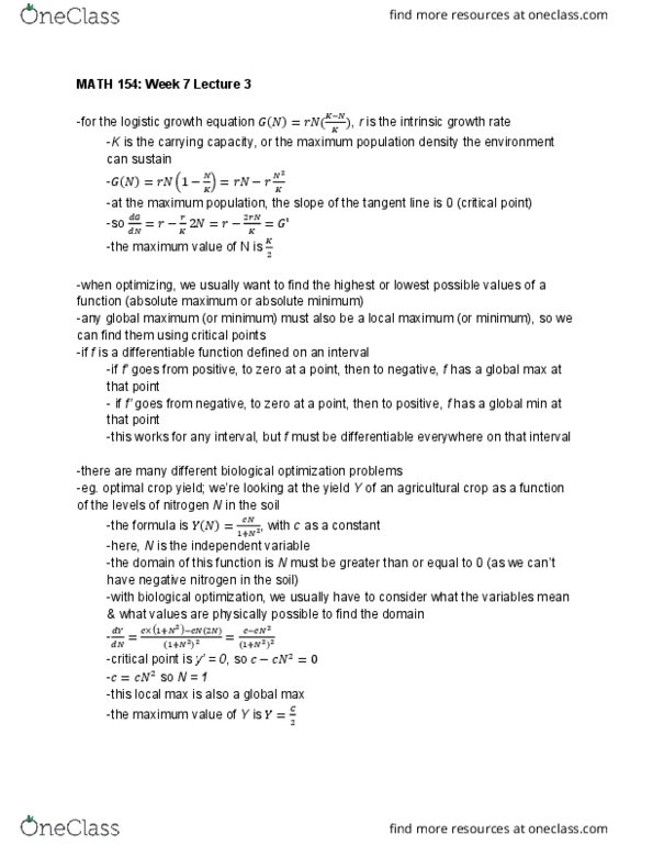 MATH 154 Lecture Notes - Lecture 20: Crop Yield, Maxima And Minima, Logistic Function cover image