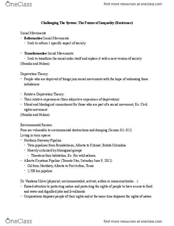 SOCIOL 2R03 Lecture Notes - Lecture 17: Kitimat, Vandana Shiva, Keystone Pipeline thumbnail