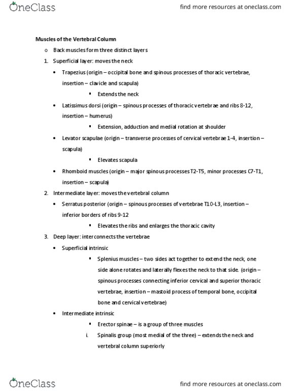 BIOB33H3 Lecture Notes - Lecture 7: Levator Scapulae Muscle, Thoracic Vertebrae, Latissimus Dorsi Muscle thumbnail