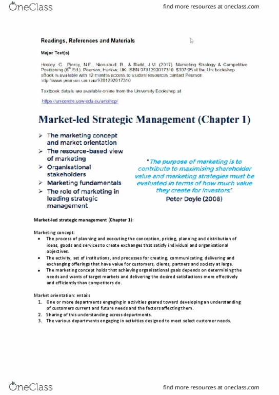 MARK344 Lecture Notes - Lecture 1: Customer Relationship Management, Market Orientation, Strategic Management thumbnail