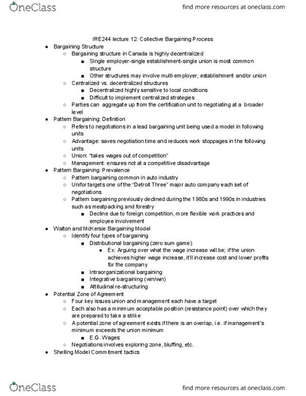 IRE244H1 Lecture Notes - Lecture 12: Bargaining Unit, Unifor, Meat Packing Industry thumbnail