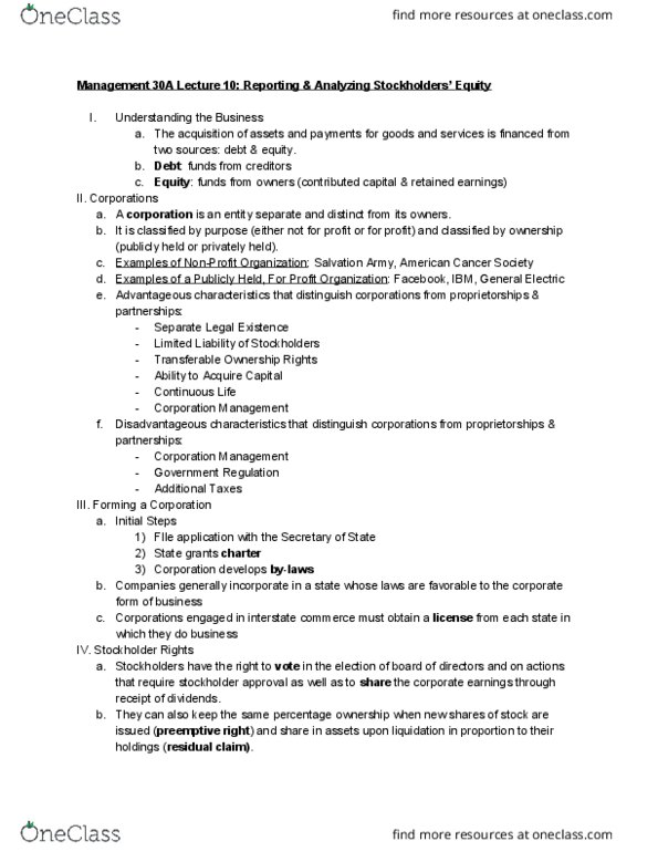 MGMT 30A Lecture Notes - Lecture 19: American Cancer Society, Retained Earnings, Tokyo Stock Exchange cover image