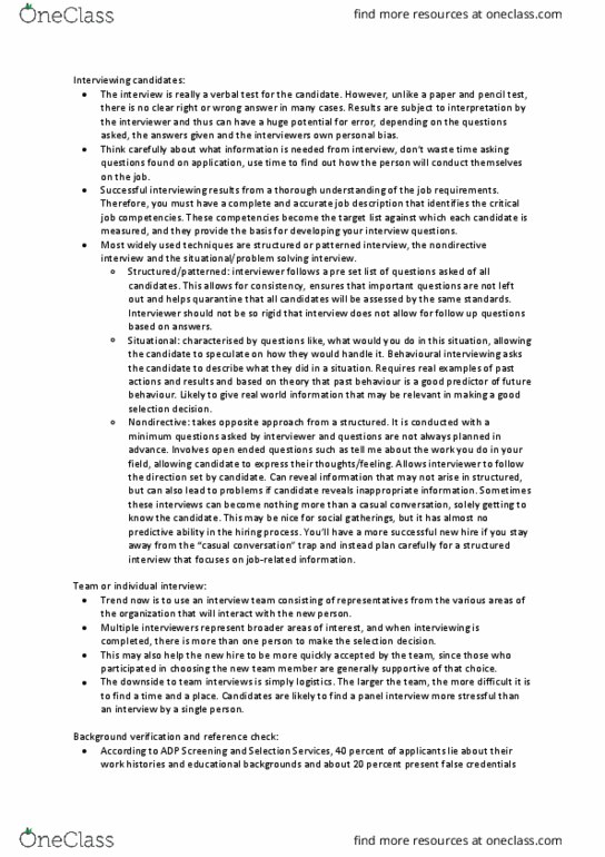 MGNT205 Lecture Notes - Lecture 7: Structured Interview, W. M. Keck Observatory, Job Analysis thumbnail