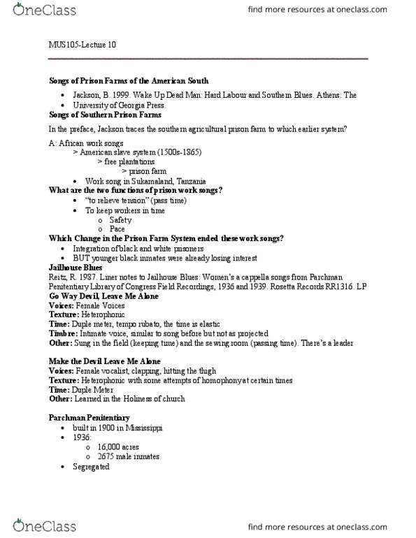 MUS 105 Lecture Notes - Lecture 10: Pop (U2 Album), Mississippi State Penitentiary, Tempo Rubato thumbnail