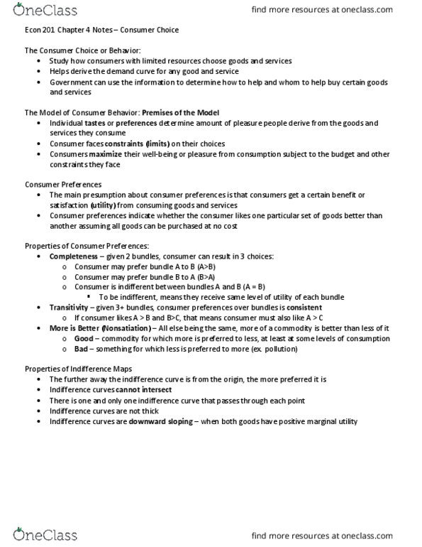 ECON201 Chapter Notes - Chapter 4: Indifference Curve, Budget Constraint, Marginal Utility thumbnail