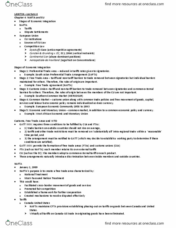 LAW 724 Lecture Notes - Lecture 4: Common External Tariff, European Union Competition Law, Chemins De Fer Et Transport Automobile thumbnail