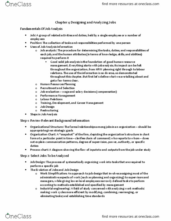 HRM200 Chapter Notes - Chapter 4: Human Resource Management, Job Analysis, Industrial Engineering thumbnail