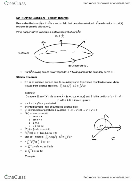 MATH 2110Q Lecture Notes - Lecture 28: Surface Integral, Correlation Does Not Imply Causation thumbnail