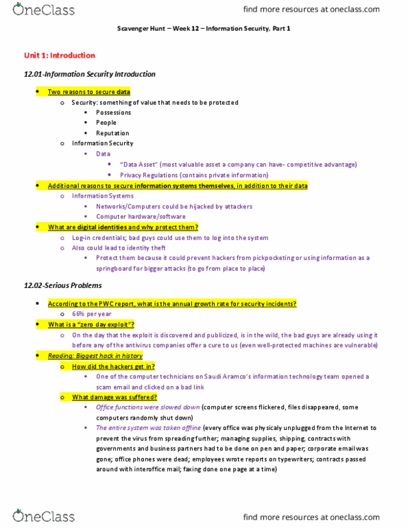 ISM 3004 Lecture Notes - Lecture 12: Scavenger Hunt, Pickpocketing, Antivirus Software thumbnail