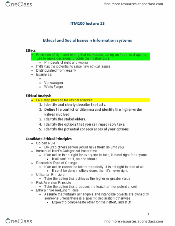 ITM 100 Lecture Notes - Lecture 13: Free Moral Agents, Categorical Imperative, Risk Aversion thumbnail