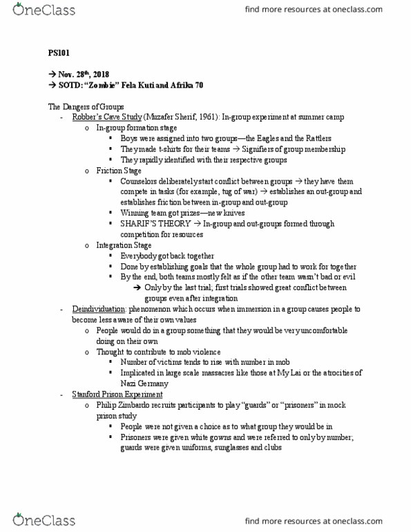 CAS PS 101 Lecture Notes - Lecture 28: Fela Kuti, Muzafer Sherif, Stanford Prison Experiment thumbnail