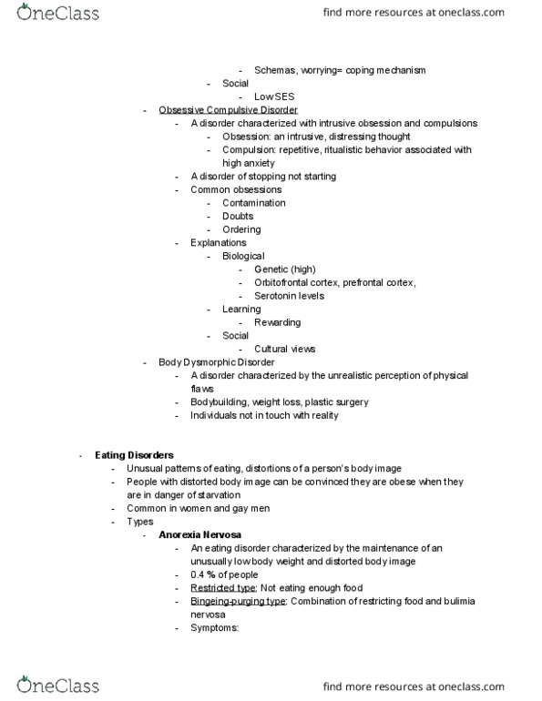 PSYCH 1100 Lecture Notes - Lecture 43: Obsessive–Compulsive Disorder, Body Dysmorphic Disorder, Binge Eating Disorder cover image