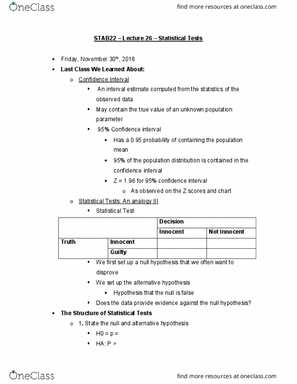 STAB22H3 Lecture Notes - Lecture 26: Null Hypothesis, Confidence Interval, Interval Estimation thumbnail