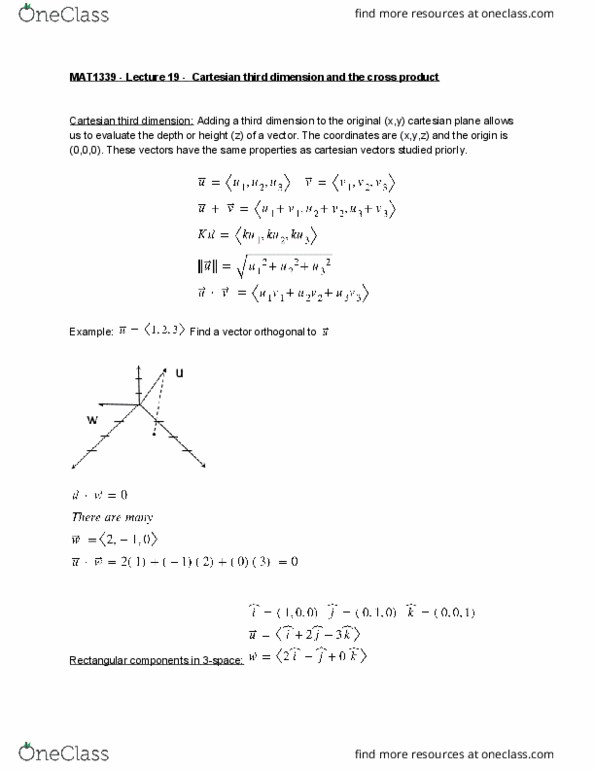 MAT 1339 Lecture Notes - Lecture 24: Cartesian Coordinate System, Cross Product, Orthogonality cover image