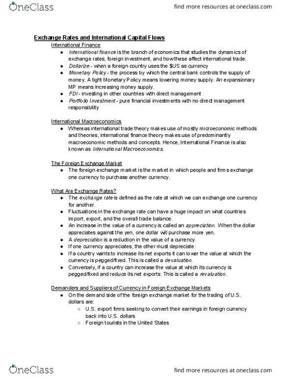 ECON 13 Lecture Notes - Lecture 10: Foreign Exchange Market, The Foreign Exchange, International Finance thumbnail