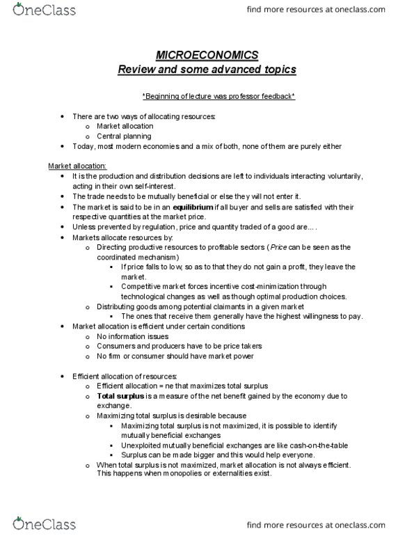 ECO100Y5 Lecture Notes - Lecture 13: Economic Planning, Market Power, Takers cover image