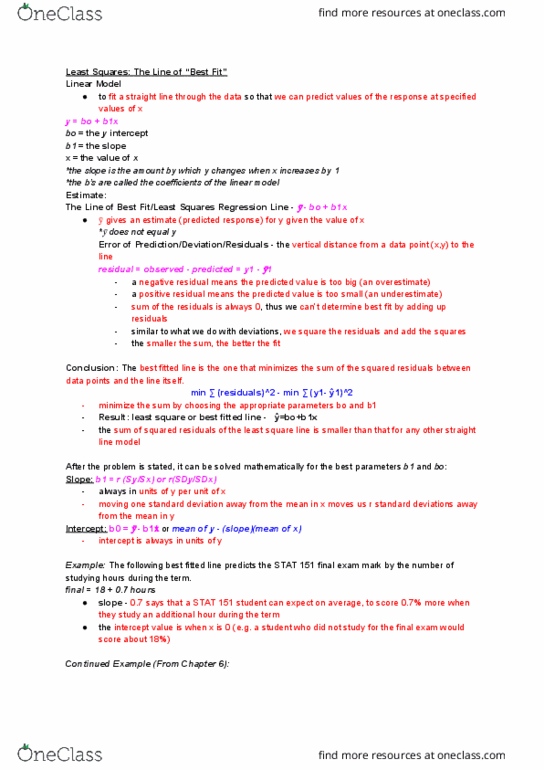 STAT151 Chapter Notes - Chapter 7-8: Standard Deviation, Dependent And Independent Variables, Summary Statistics thumbnail