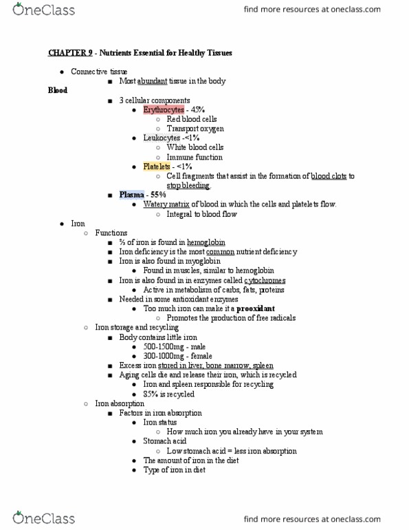 HUN 2201 Chapter Notes - Chapter 9: Myoglobin, Hemoglobin, Cytochrome thumbnail