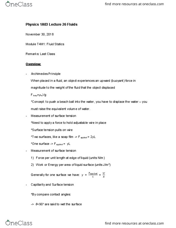PHYSICS 1A03 Lecture Notes - Lecture 26: Soap Film, Beach Ball, Surface Tension cover image