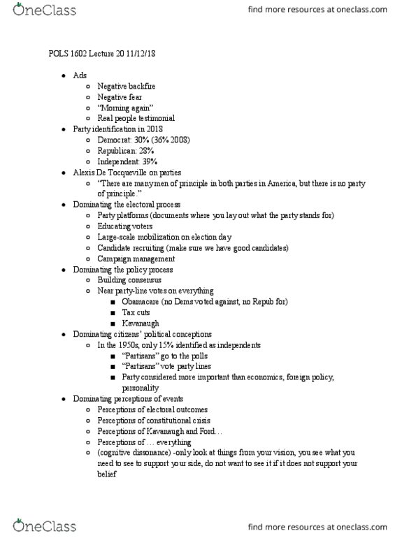 POLS 1602 Lecture Notes - Lecture 20: Cognitive Dissonance, Patient Protection And Affordable Care Act, Alexis De Tocqueville thumbnail